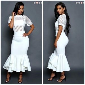 NWOT Sheer Scuba White Dress with Ruffle Hem